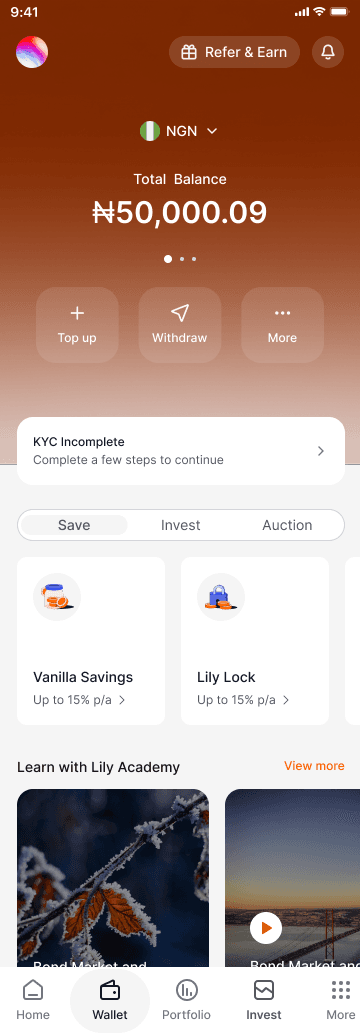Lily mobile app home screen showing savings and wallet tools