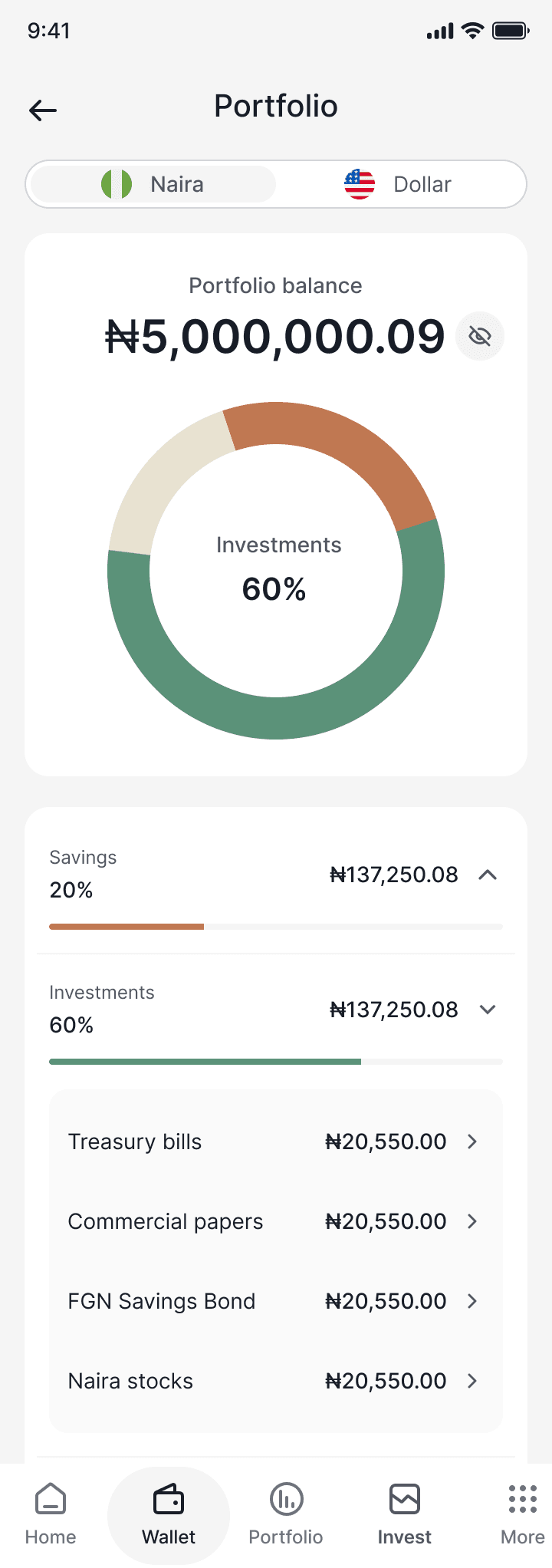 Lily portfolio screen showing balance and asset allocation